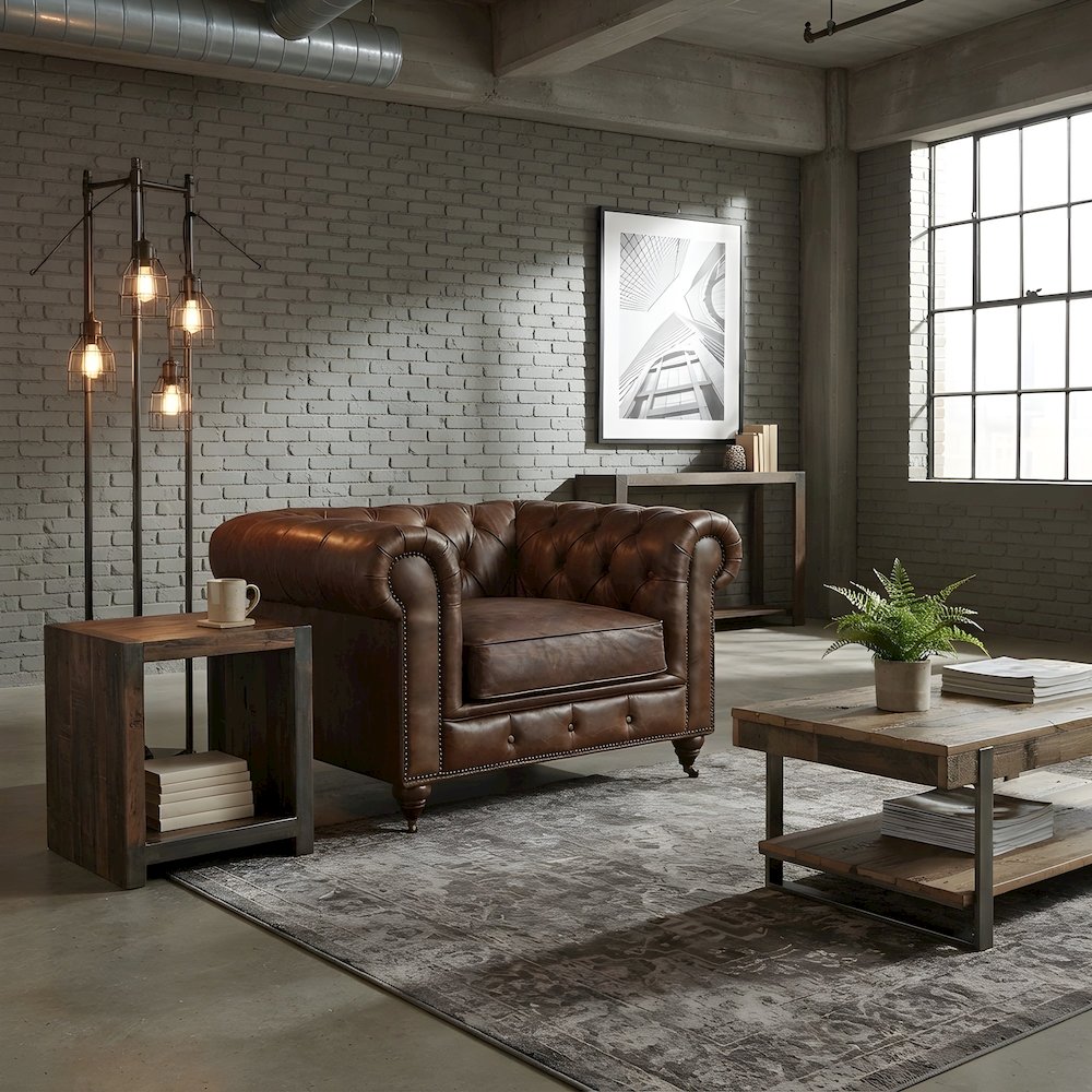 Leather Chesterfield Accent Chair with Solid Wood Frame, Bark Brown