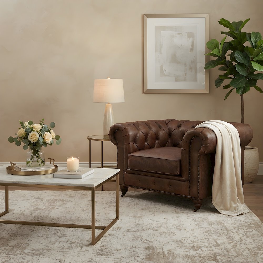 Leather Chesterfield Accent Chair with Solid Wood Frame, Bark Brown