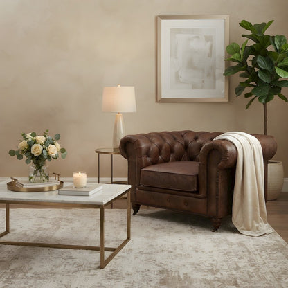 Leather Chesterfield Accent Chair with Solid Wood Frame, Bark Brown