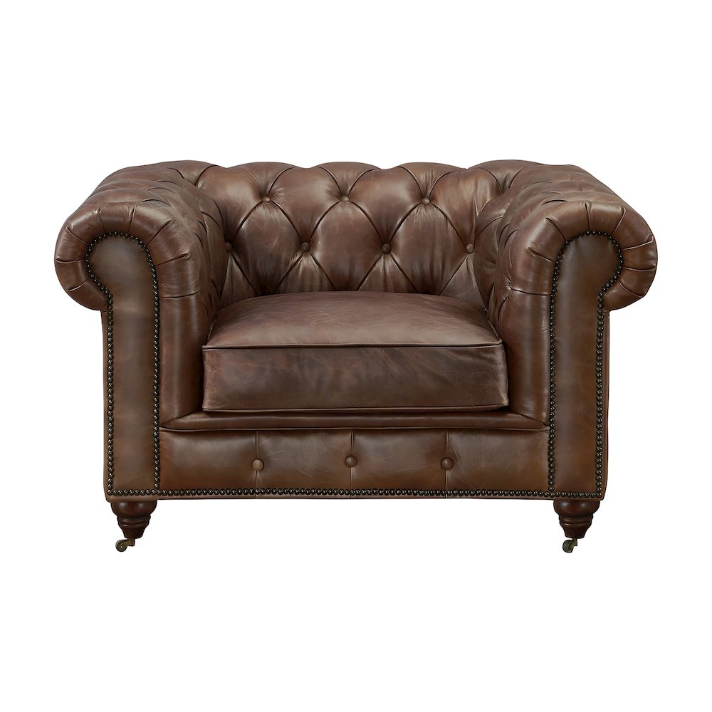 Leather Chesterfield Accent Chair with Solid Wood Frame, Bark Brown