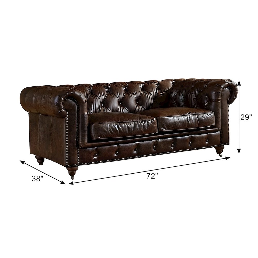 Leather Chesterfield Loveseat with Button-Tufted Arms, Dark Brown