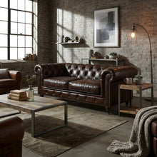 Leather Chesterfield Loveseat with Button-Tufted Arms, Dark Brown