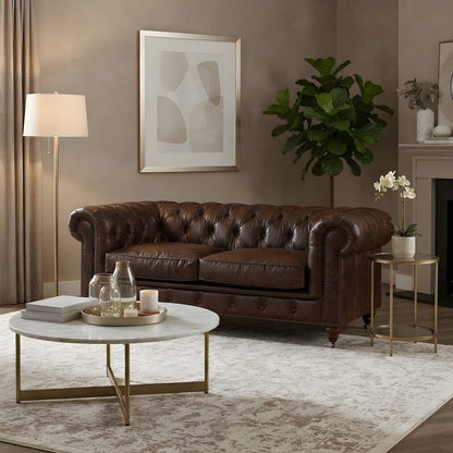 Leather Chesterfield Loveseat with Button-Tufted Arms, Dark Brown