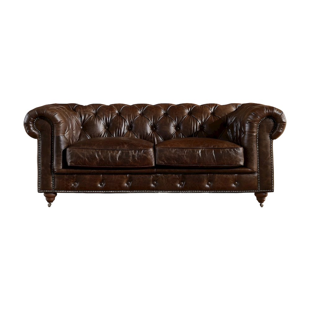 Leather Chesterfield Loveseat with Button-Tufted Arms, Dark Brown