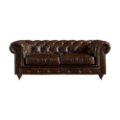 Leather Chesterfield Loveseat with Button-Tufted Arms, Dark Brown