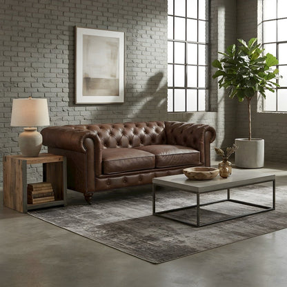 Leather Loveseat with Button-Tufted Chesterfield Design, Bark Brown