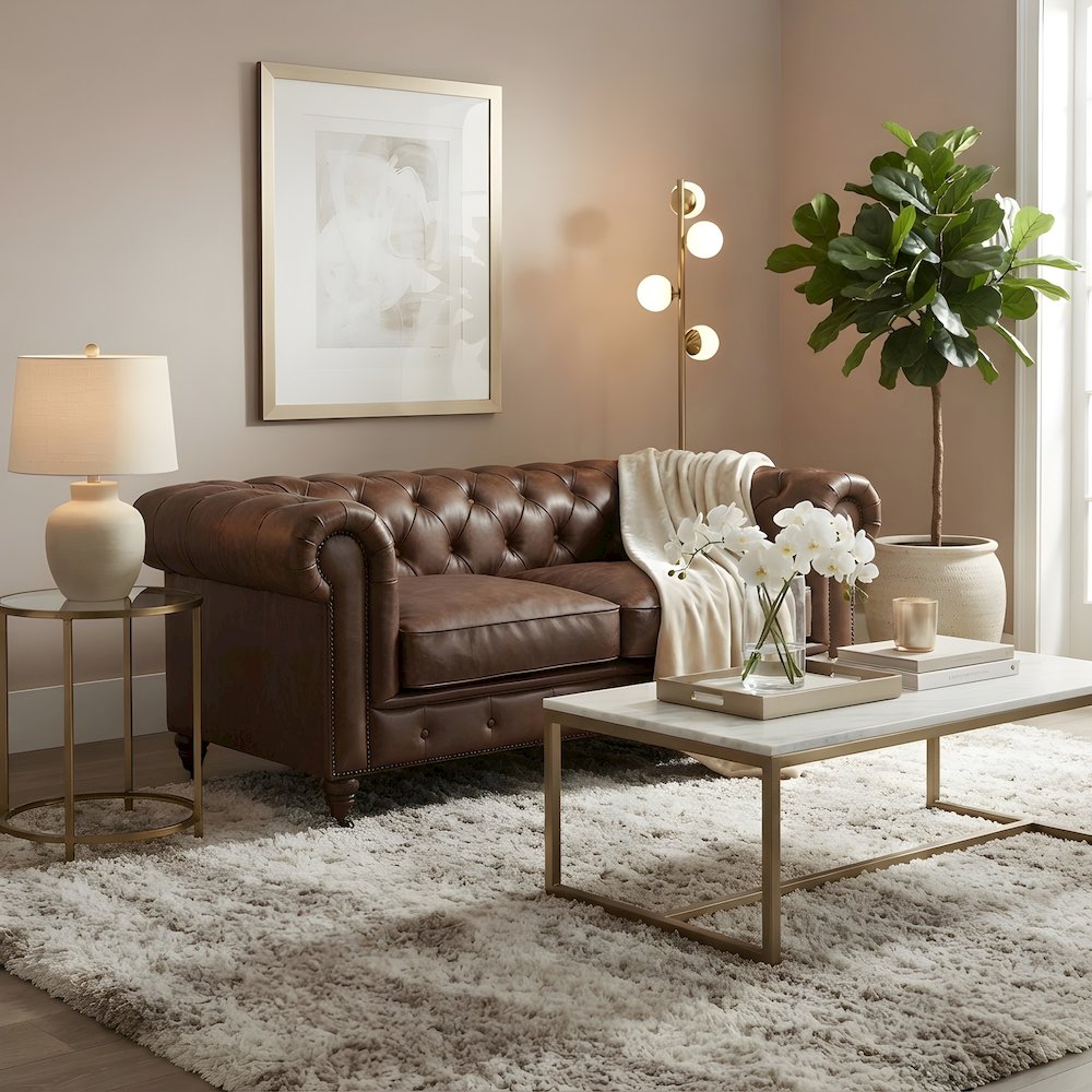 Leather Loveseat with Button-Tufted Chesterfield Design, Bark Brown