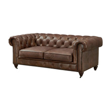 Leather Loveseat with Button-Tufted Chesterfield Design, Bark Brown