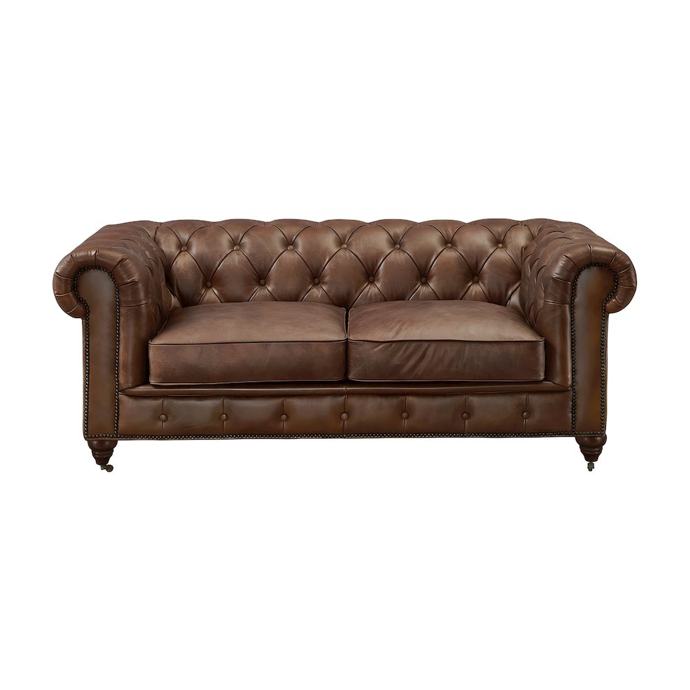 Leather Loveseat with Button-Tufted Chesterfield Design, Bark Brown