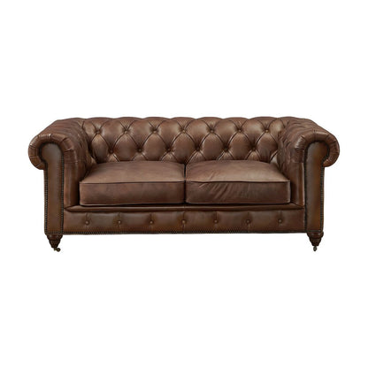 Leather Loveseat with Button-Tufted Chesterfield Design, Bark Brown