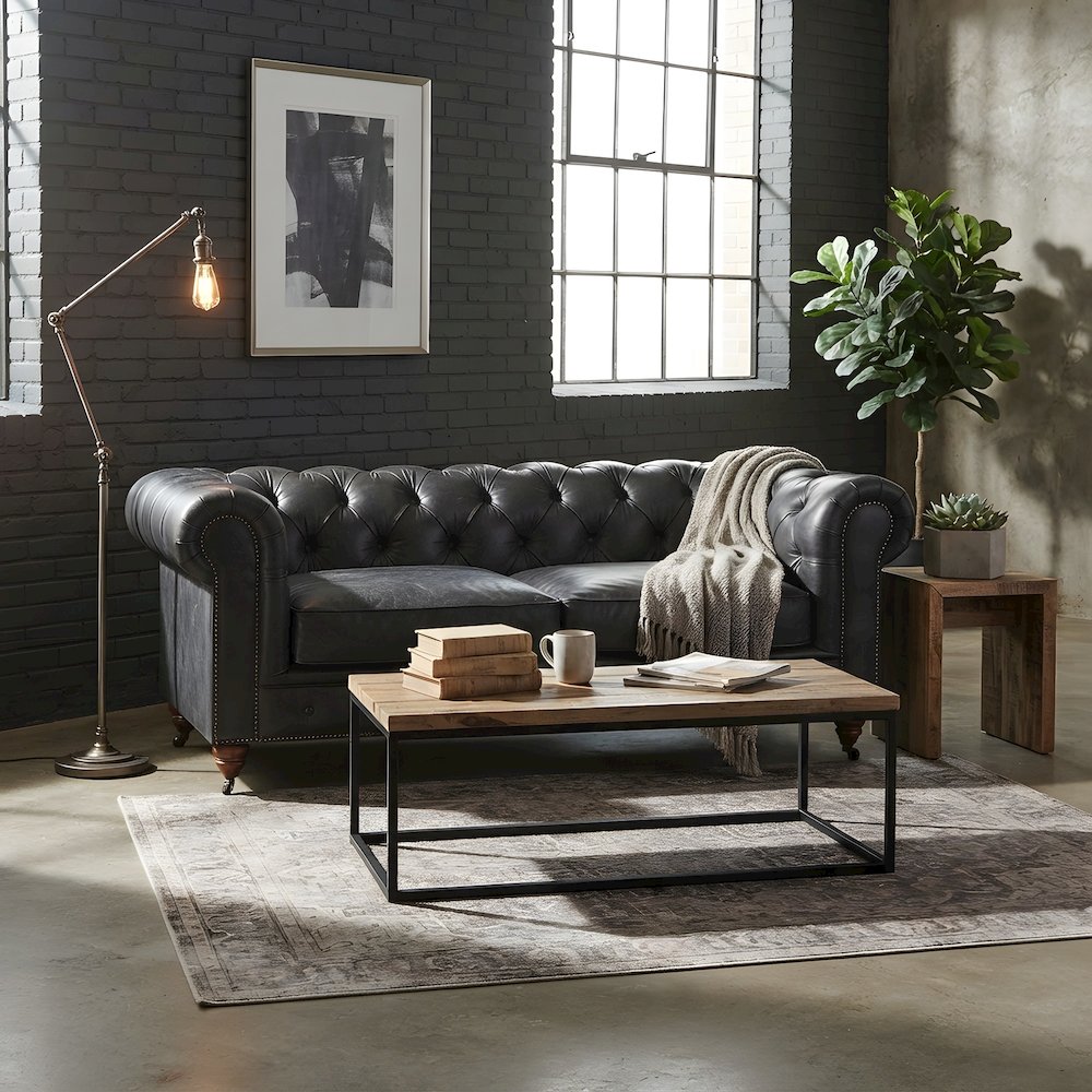Leather Chesterfield Loveseat, Button-Tufted Wood Frame, Slate