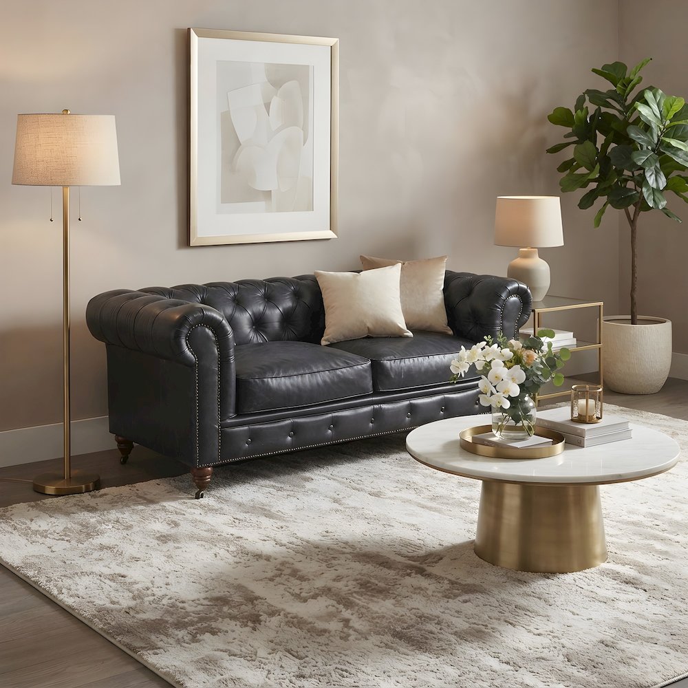 Leather Chesterfield Loveseat, Button-Tufted Wood Frame, Slate