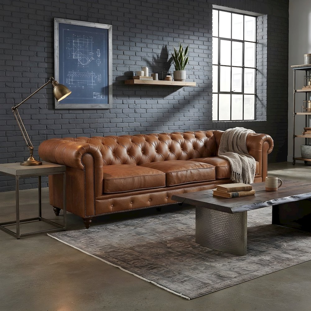 Genuine Leather Chesterfield Sofa, Tufted Couch for Living Room, Light Brown
