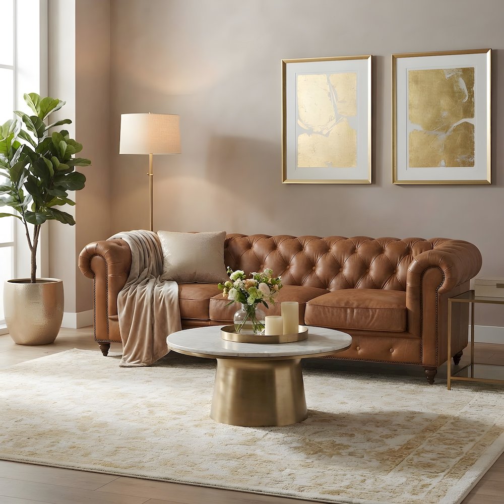 Genuine Leather Chesterfield Sofa, Tufted Couch for Living Room, Light Brown