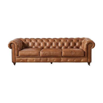 Genuine Leather Chesterfield Sofa, Tufted Couch for Living Room, Light Brown