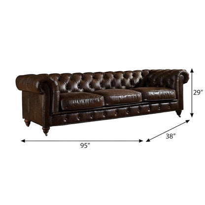 Leather-Tufted Chesterfield Sofa with Solid Wood Legs, Dark Brown