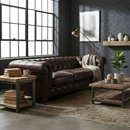 Leather-Tufted Chesterfield Sofa with Solid Wood Legs, Dark Brown
