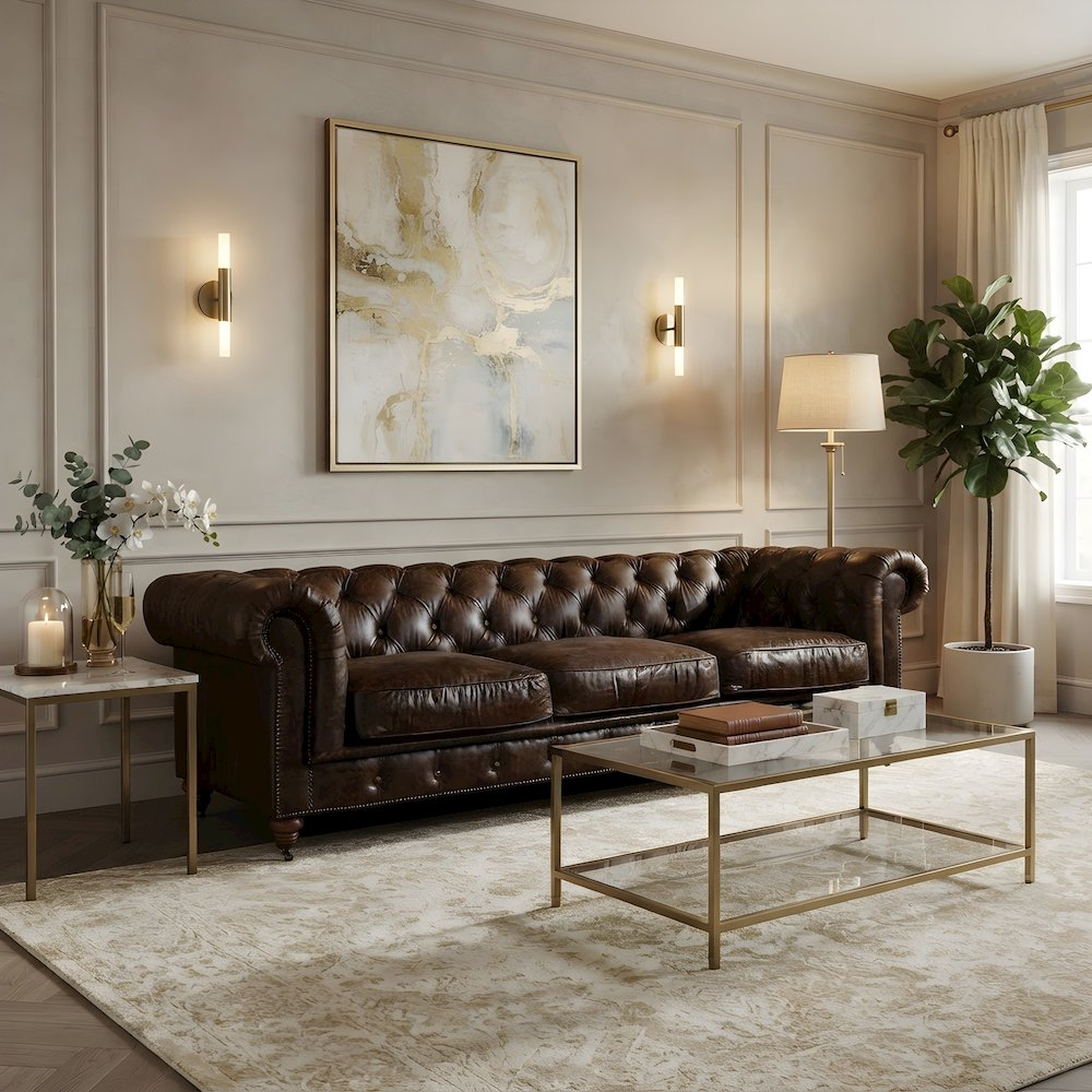 Leather-Tufted Chesterfield Sofa with Solid Wood Legs, Dark Brown