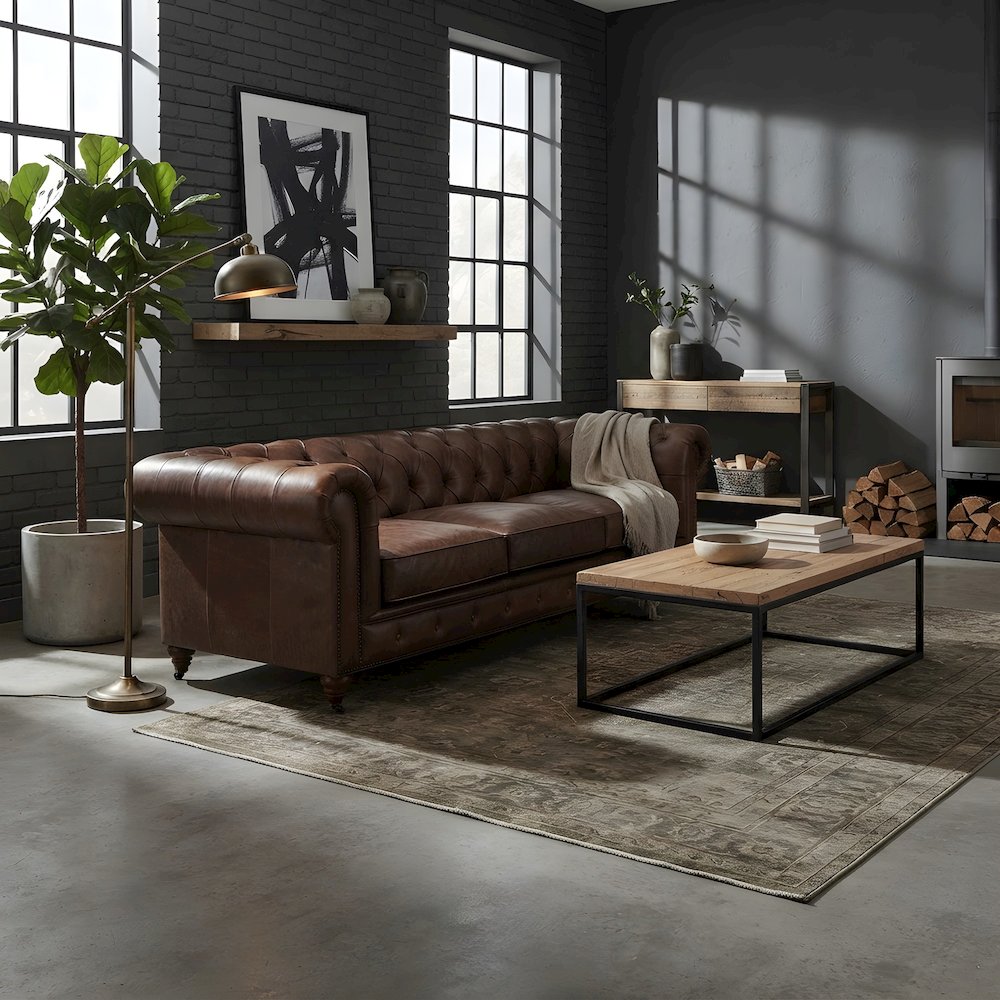 Genuine Leather Chesterfield Sofa with Solid Wood Frame, Bark Brown