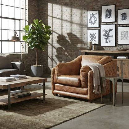 Top Grain Leather Accent Chair, Rustic Modern Style, Light brown