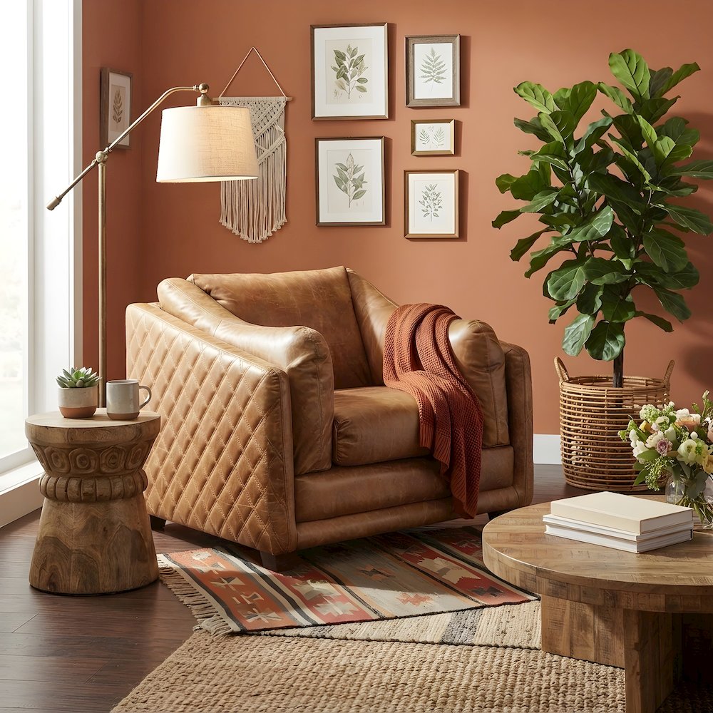 Top Grain Leather Accent Chair, Rustic Modern Style, Light brown