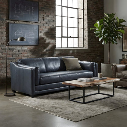 Top Grain Leather Couch with Rustic Modern Frame for Living Room, Slate