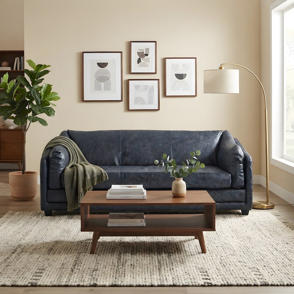 Top Grain Leather Couch with Rustic Modern Frame for Living Room, Slate