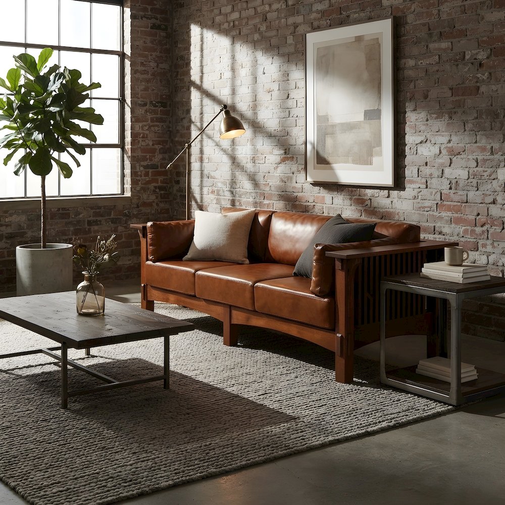 Quarter Sawn Oak and Leather Mission Style Sofa, Michael's Cherry