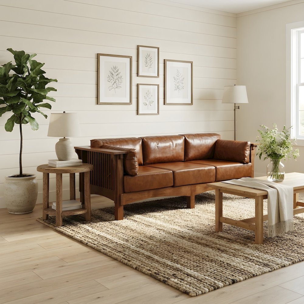 Quarter Sawn Oak and Leather Mission Style Sofa, Michael's Cherry