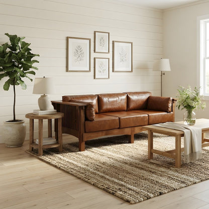 Quarter Sawn Oak and Leather Mission Style Sofa, Michael's Cherry