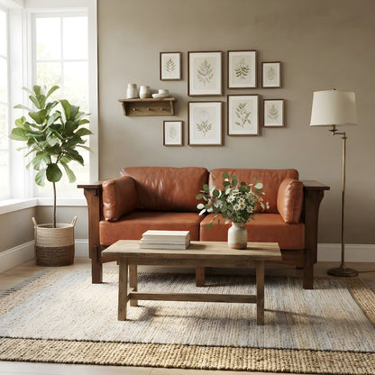 Solid Wood Arts and Crafts Leather Loveseat Sofa, Michael's Cherry