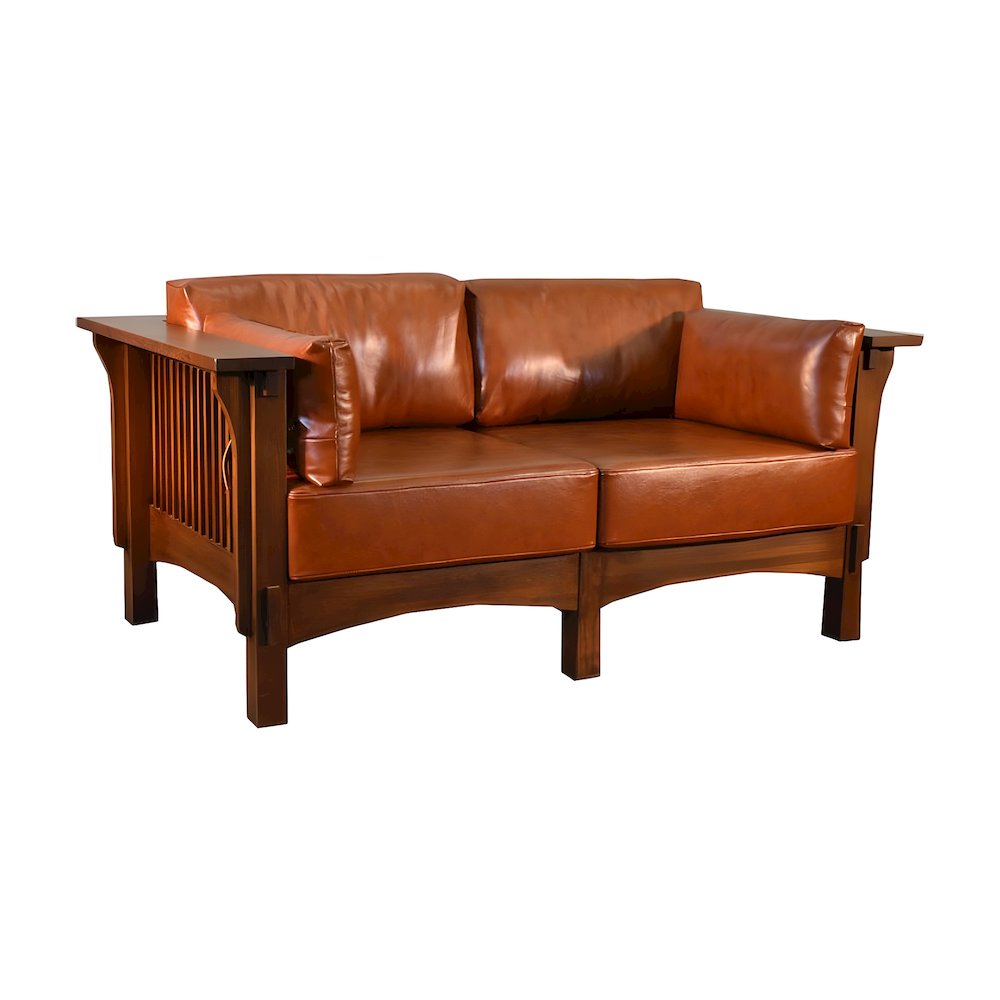 Solid Wood Arts and Crafts Leather Loveseat Sofa, Michael's Cherry