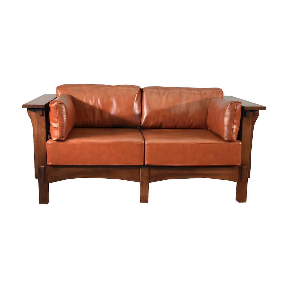 Solid Wood Arts and Crafts Leather Loveseat Sofa, Michael's Cherry