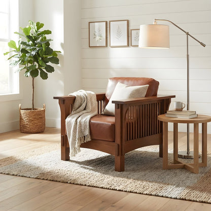 Solid Wood Mission Accent Armchair with Leather, Michael's Cherry