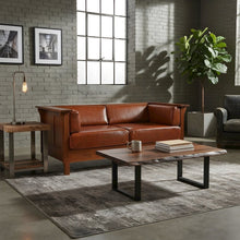 Solid Wood Leather Loveseat with Cubic Panel Arms, Michael's Cherry