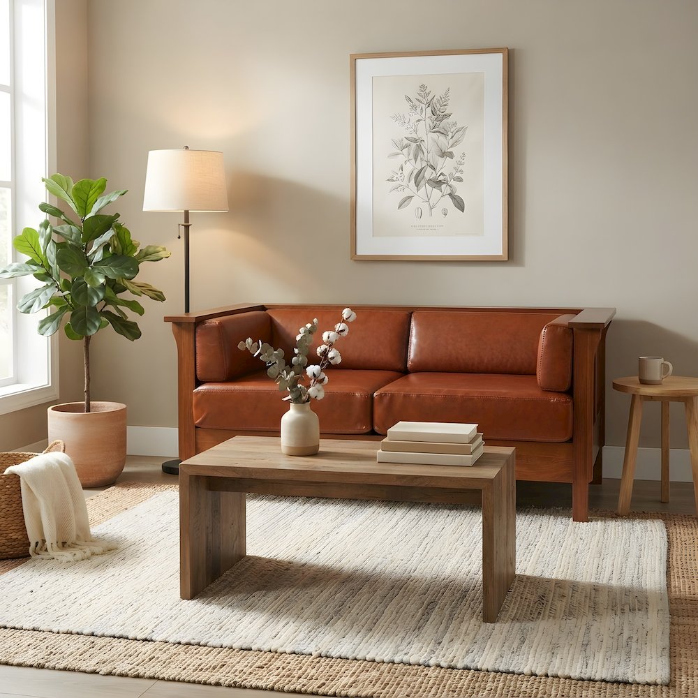 Solid Wood Leather Loveseat with Cubic Panel Arms, Michael's Cherry