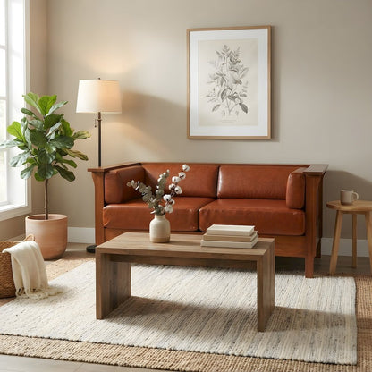 Solid Wood Leather Loveseat with Cubic Panel Arms, Michael's Cherry