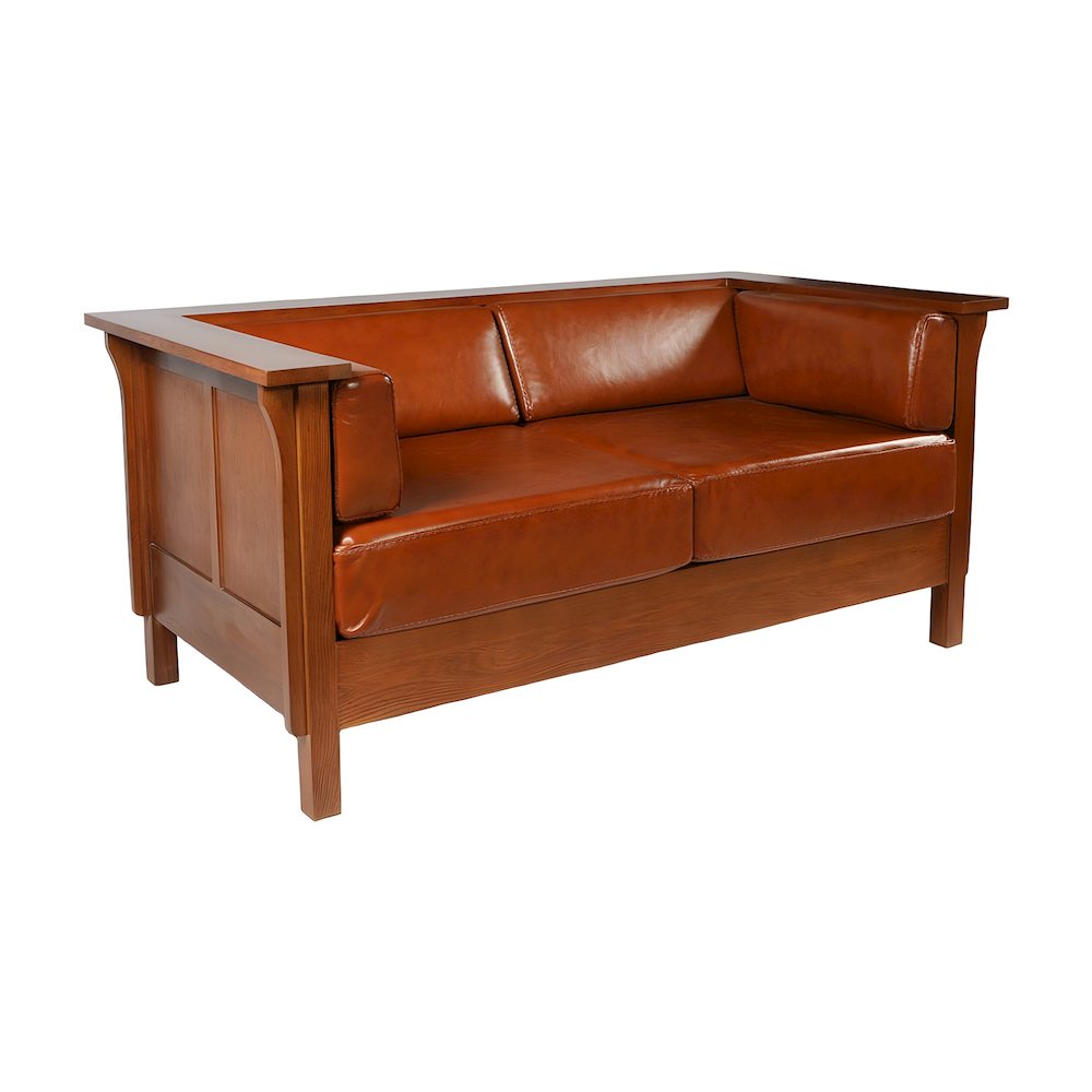 Solid Wood Leather Loveseat with Cubic Panel Arms, Michael's Cherry