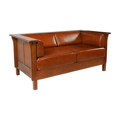 Solid Wood Leather Loveseat with Cubic Panel Arms, Michael's Cherry
