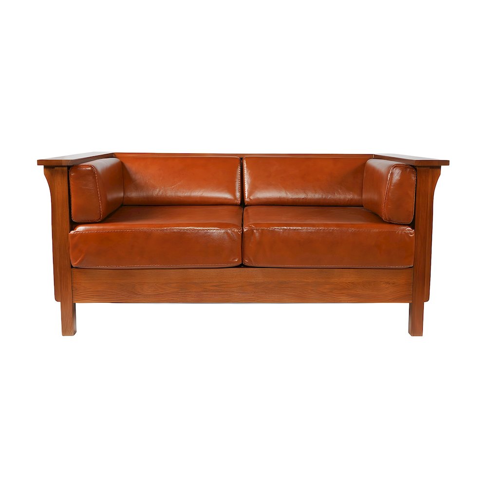 Solid Wood Leather Loveseat with Cubic Panel Arms, Michael's Cherry