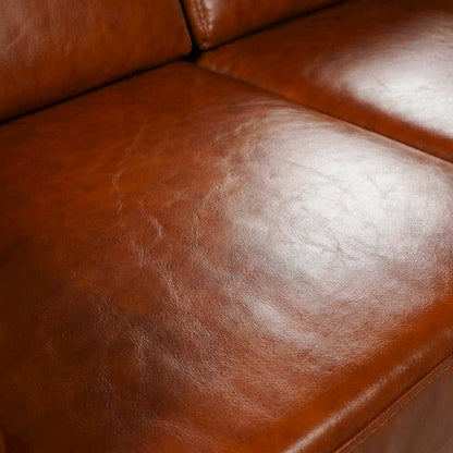Solid Wood Leather Loveseat with Cubic Panel Arms, Michael's Cherry
