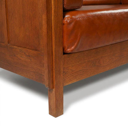 Solid Wood Leather Loveseat with Cubic Panel Arms, Michael's Cherry