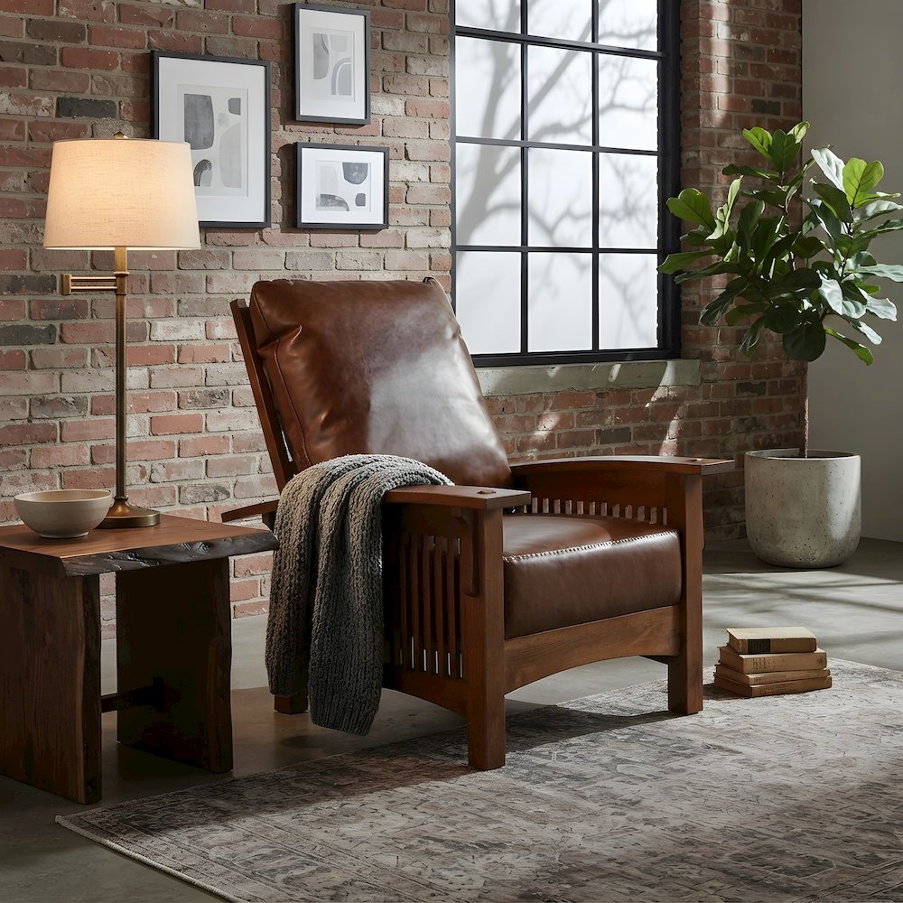 Solid Wood Leather Accent Armchair, Mission Style Oak, Michael's Cherry