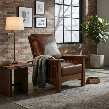 Solid Wood Leather Accent Armchair, Mission Style Oak, Michael's Cherry