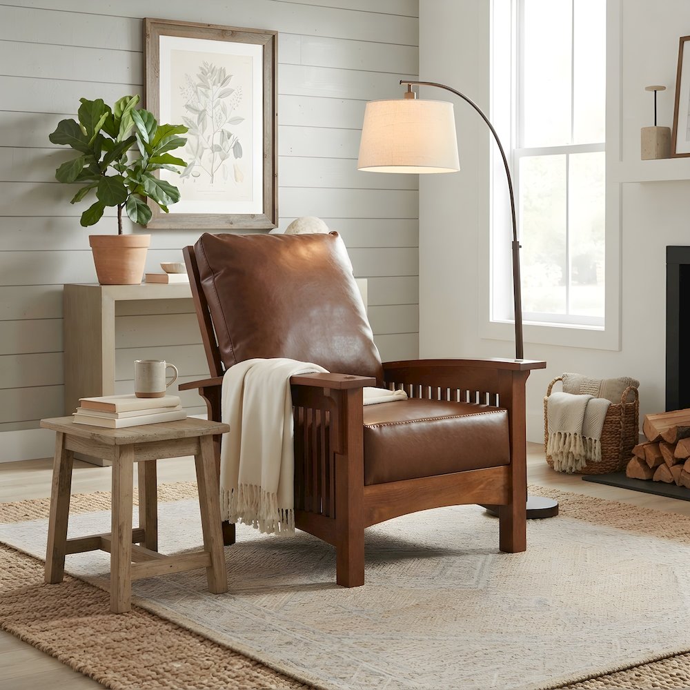 Solid Wood Leather Accent Armchair, Mission Style Oak, Michael's Cherry
