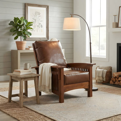 Solid Wood Leather Accent Armchair, Mission Style Oak, Michael's Cherry