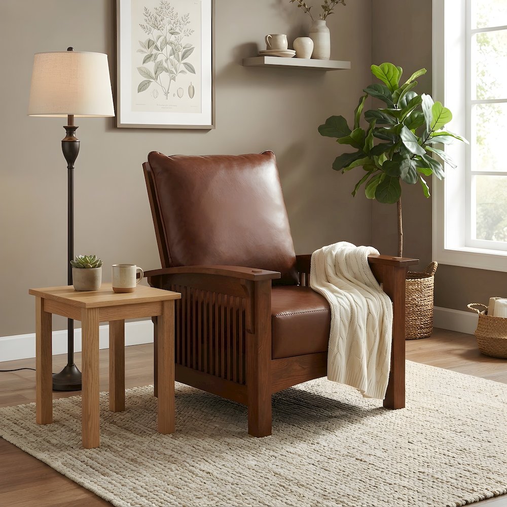 Solid Wood Leather Accent Club Chair, Mission Arms, Michael's Cherry