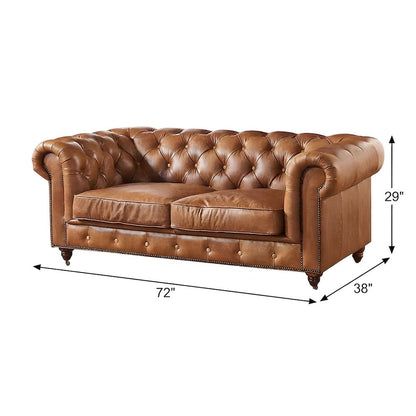 Leather Loveseat Sofa with Vintage Chesterfield Tufting, Light Brown