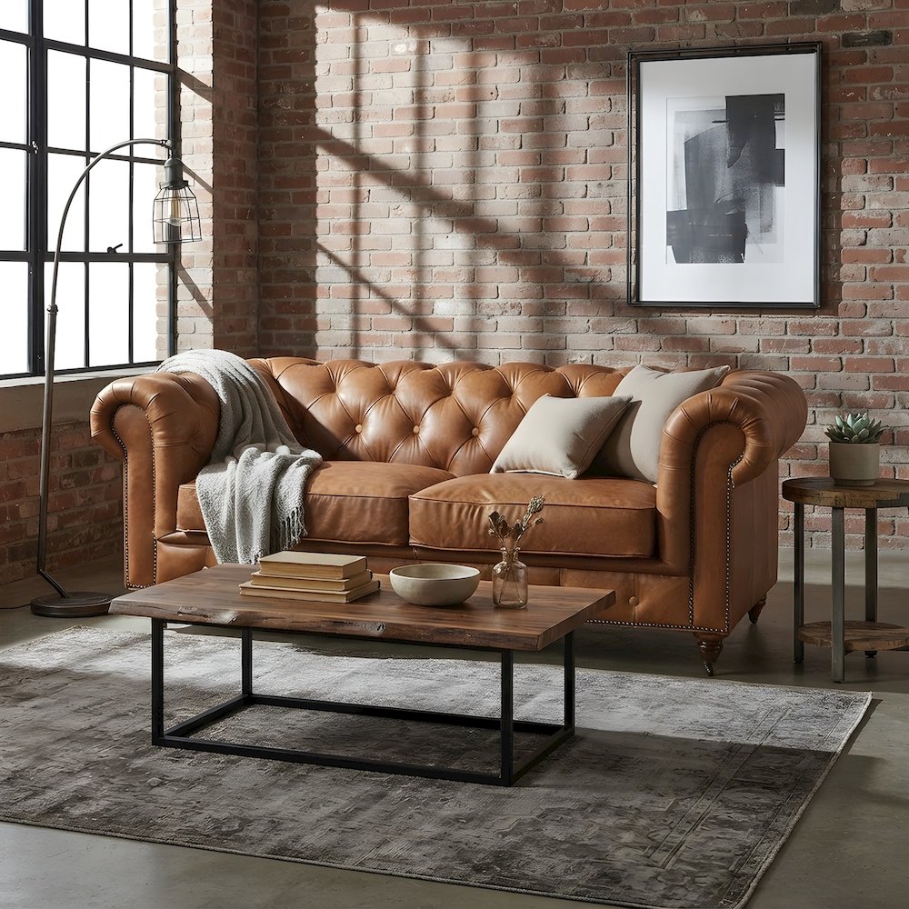 Leather Loveseat Sofa with Vintage Chesterfield Tufting, Light Brown