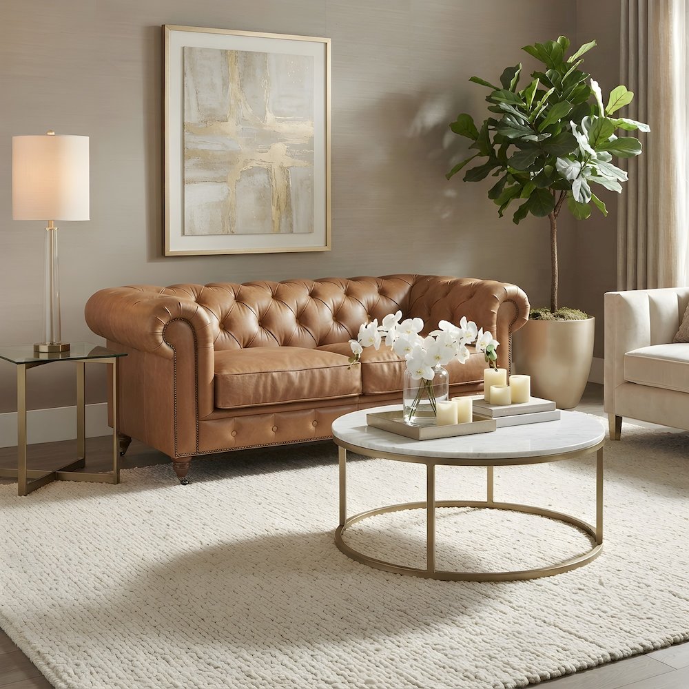 Leather Loveseat Sofa with Vintage Chesterfield Tufting, Light Brown